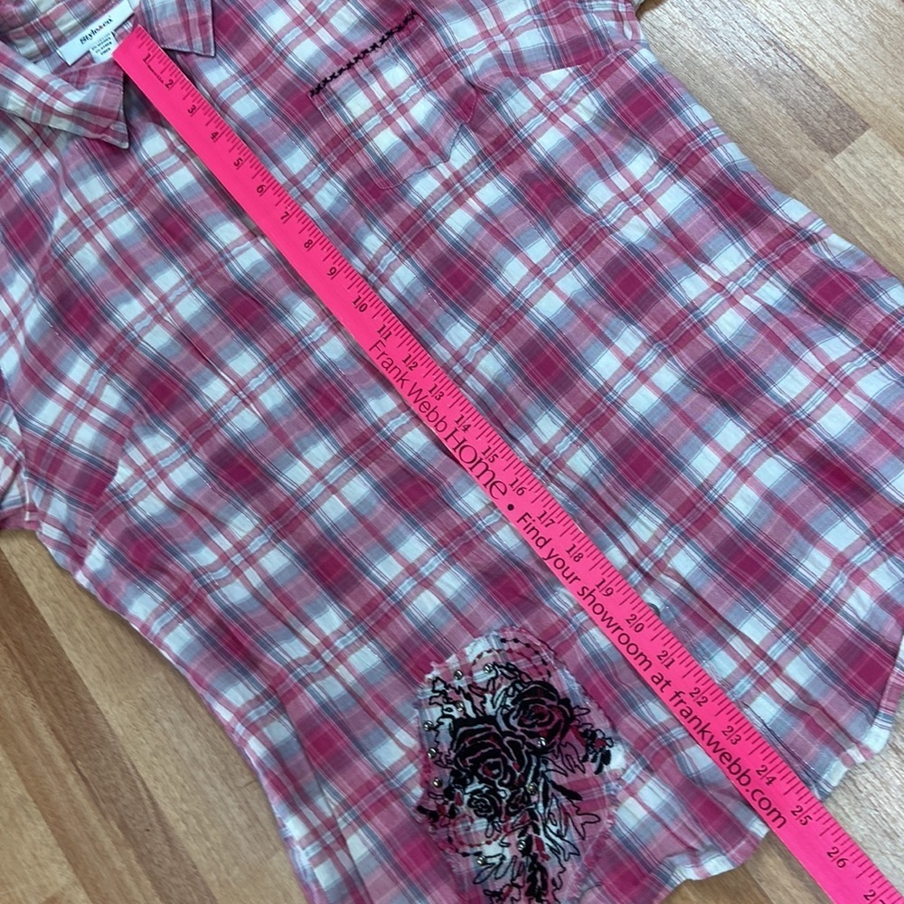 Style & Co. pink plaid western style snap up blouse size 14 silver streaks - Picture 11 of 12